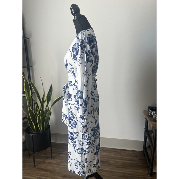 NWT boohoo Blue Floral Print Tie Waist Midi Dress Cocktail Party Wedding Event 8 - Picture 5 of 13